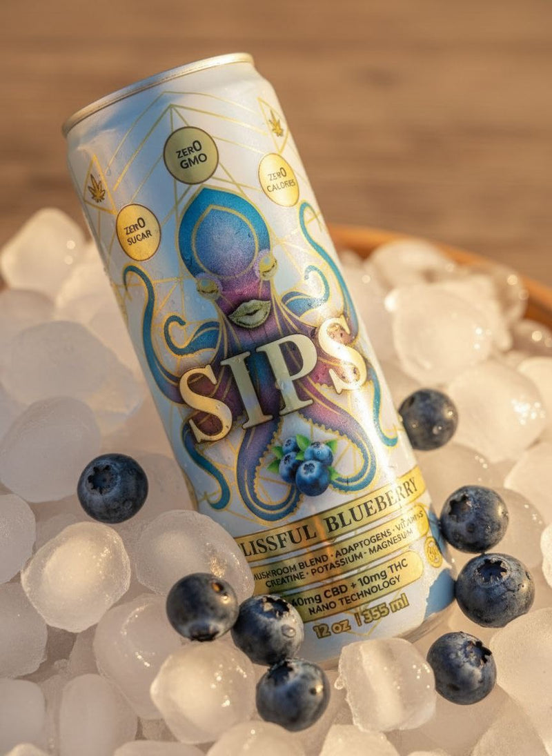 Blissful Blueberry THC CBD hemp beverage from Love Sips - zero calorie, sugar-free adaptogen drink with sweet blueberry notes for calm, wellness and longevity.

