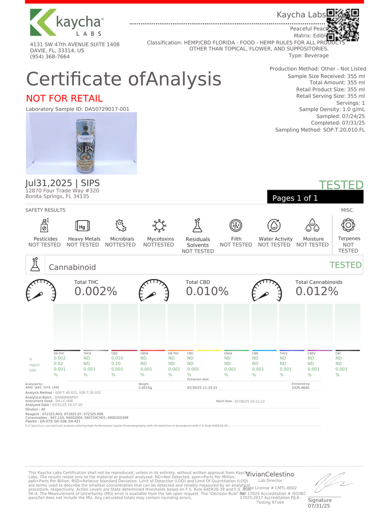 Lab certificate 1 for Peaceful Peach