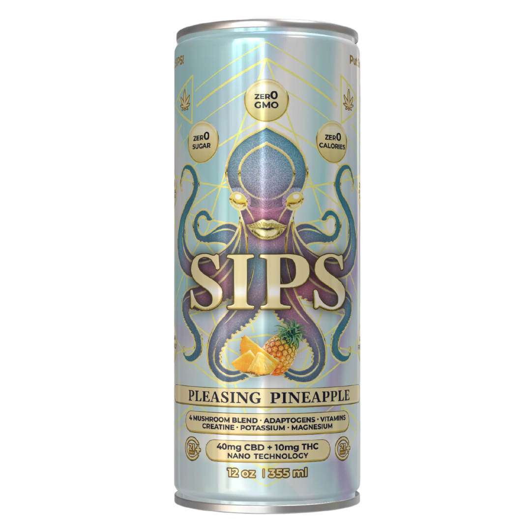 Pleasing Pineapple THC CBD drink, zero calorie, high-quality joyful elixir with adaptogens, crafted for uplift and longevity in a tropical sip.

